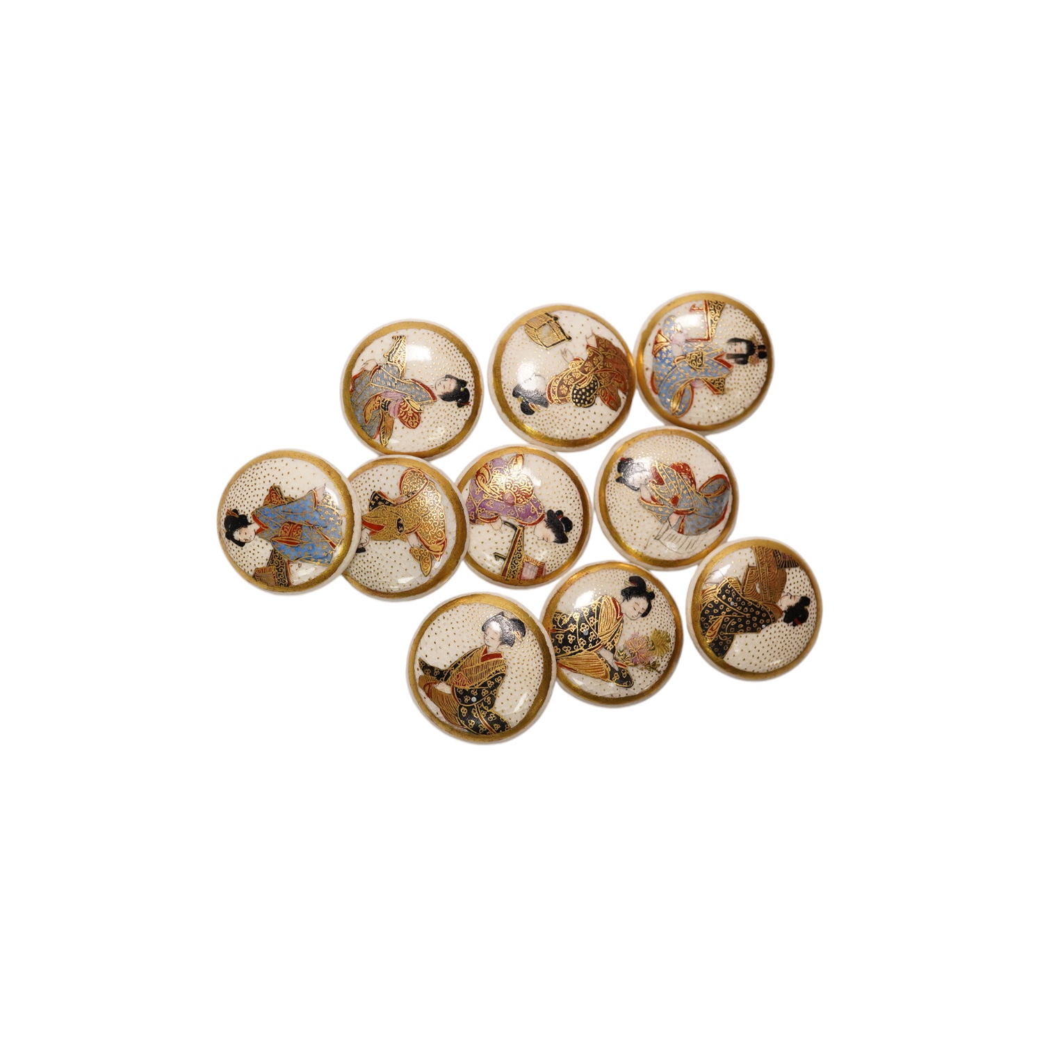 Ten Japanese Satsuma buttons decorated with bijin girls, 19mm diam. Condition - good